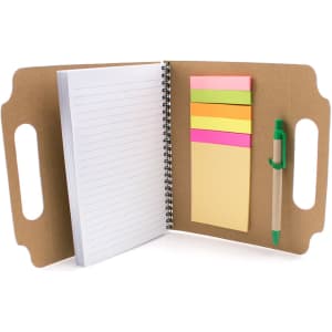 A notepad with lined pages, sticky notes in pink, yellow, and green, alongside a green pen, in a brown cover.