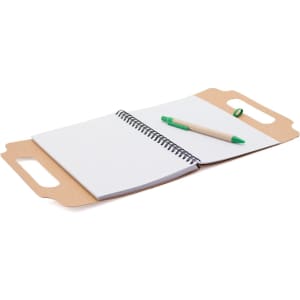 A brown cardboard notepad with a spiral binding, featuring blank pages and a green pen. It has two handles.
