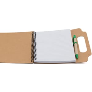 A brown notepad with a spiral binding, featuring white lined pages, a green pen, and a handle for easy carrying.