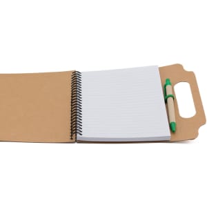 A brown sticky notepad with a spiral binding, featuring blank white pages and a green pen attached.