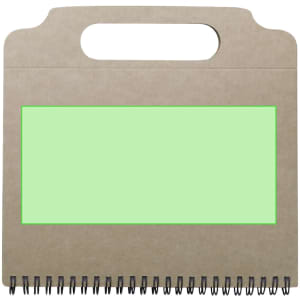 A brown notepad with a green sticky note section and a carrying handle, featuring a spiral binding at the bottom.