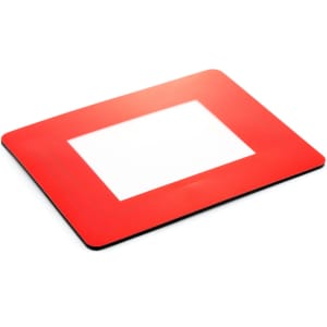 A red mousepad photo frame with a rectangular cut-out in the centre, designed for office use.