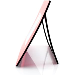 A pink mousepad photo frame with a black stand, angled for display.