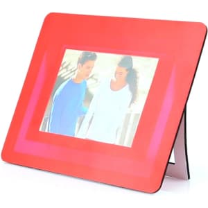 A vibrant red mousepad photo frame designed to hold a picture, featuring a stand and a sleek finish.