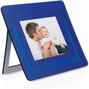 A blue mousepad photo frame featuring a picture of a man and a baby, designed for office use.