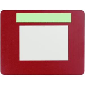 A red mousepad with a photo frame section and a green decorative area at the top. It has a smooth surface.
