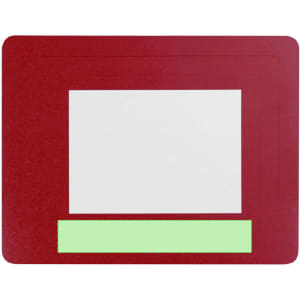 A red mousepad featuring a blank photo frame area and a green strip at the bottom, with a logo present.