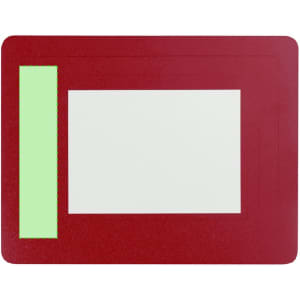 A red mousepad featuring a green photo frame section for inserting a picture. It has a smooth surface for easy mouse movement.