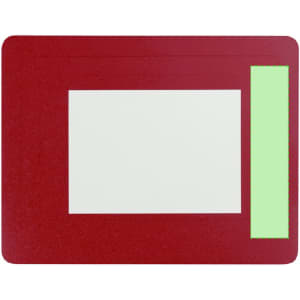 A red mousepad featuring a blank photo frame section and a green accent strip. It also includes a logo.