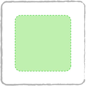 A light green cleaning cloth with rounded corners, featuring a dashed outline. It has a logo in the centre.