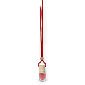 A small glass air freshener bottle in pink, suspended from a red cord with a wooden bead. Features branding.