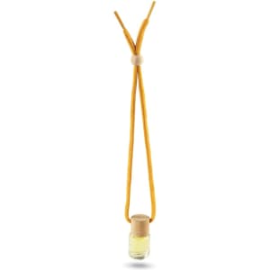 A yellow and clear air freshener in a small glass bottle, suspended by a cord with a wooden bead.