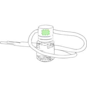A clear glass air freshener bottle with a green stopper and a flexible nozzle attached.