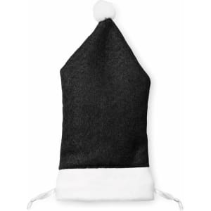 A black and white pouch with a pointed top and a pom-pom, featuring a soft lining and ties at the bottom.
