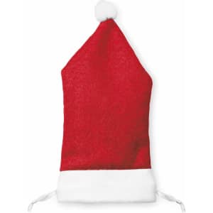 A red Santa hat featuring a white trim and pom-pom, with ties at the base.
