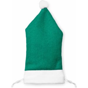 A green Christmas hat with a white fluffy band and pom-pom at the top, featuring a drawstring at the base.