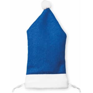 A blue pouch with a white trim and a pom-pom on top, featuring a logo.