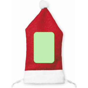 A red Santa hat pouch with a white trim and a blank green surface for customisation. It features a pom-pom on top.