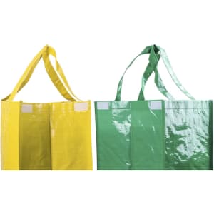 Two shiny tote bags, one yellow and one green, featuring handles and a logo on each.