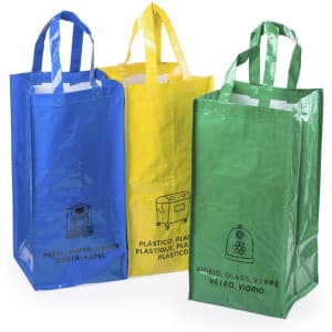 A set of three bags in blue, yellow, and green, each with handles and a logo on the front.