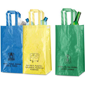 A set of three bags in blue, yellow, and green, featuring handles and a logo, designed for carrying various items.