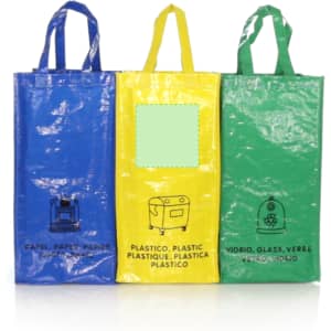 A set of three brightly coloured bags: blue, yellow, and green, each with handles and illustrations.