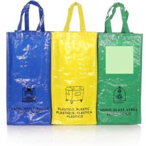 Three misc bags in blue, yellow, and green, each with handles and different recycling symbols. One bag features a logo.