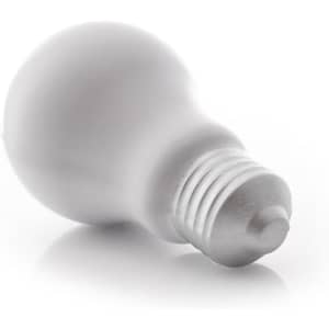 A stress-relief item shaped like a light bulb, featuring a matte white finish and a silver base.