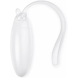 A white luggage tag with a clear loop for attaching to bags, featuring a smooth, elongated design and a logo.