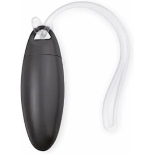 A black luggage tag with a clear attachment loop. The tag features a sleek, rounded design.