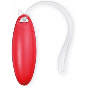 A red luggage tag with a clear strap attached. The tag features a smooth, rounded design.