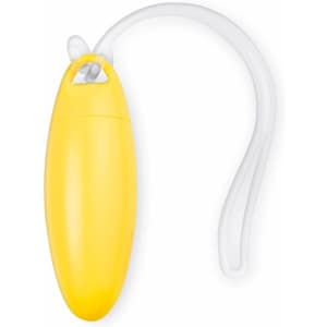 A yellow luggage tag with a clear attachment loop. It has a sleek, oval design and features a logo.