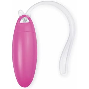 A pink luggage tag with a clear loop for attachment, featuring a logo on its surface.