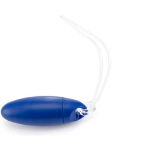 A blue luggage tag with a clear attachment loop. It has a smooth, oval shape and includes a branding logo.