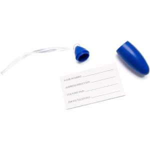 A blue luggage tag with a removable cap and an attached string, featuring a blank information card inside.