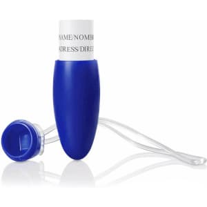 A blue luggage tag with a clear strap and a concealed paper insert for personal details.
