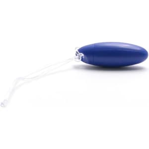 A blue luggage tag with a transparent attachment string and a rounded shape. Features a logo on the surface.
