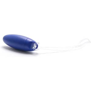 A blue luggage tag with a loop for attachment and a smooth, rounded design. It features a subtle logo.