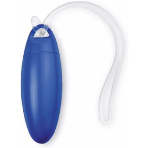 A blue luggage tag with a clear attachment loop. It has a smooth, oval shape and a logo on the surface.
