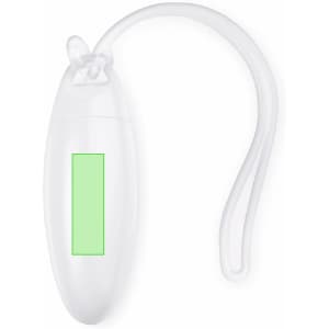 A white luggage tag with a transparent strap and a green area for personal information.