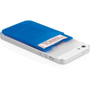 A blue multipurpose pouch designed to attach to a smartphone, holding cash securely.