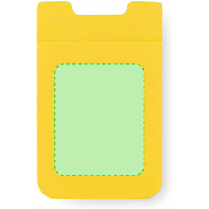 A yellow multipurpose pouch featuring a blank green area, designed for various storage needs. It has a logo.