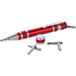 A red multitool pen featuring a silver clip and tip, along with interchangeable attachments. It includes a branding logo.