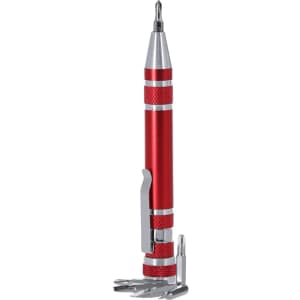 A red multitool with a silver clip and various tools, including a screwdriver, displayed upright.