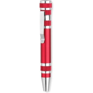 A red multitool pen featuring a silver clip and accents, with a sleek design and various tool functions.