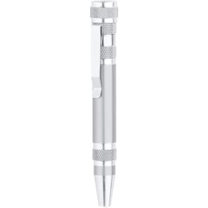A silver multitool with a pen-like design, featuring a clip and textured grip areas. It includes a logo on the body.