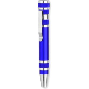 A blue multitool with a sleek design, featuring a silver clip and accents. It includes various integrated tools.