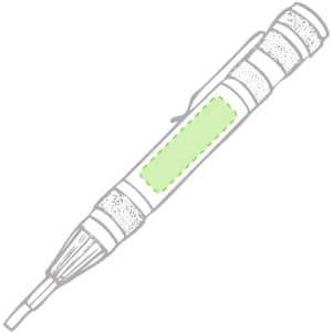 A green multitool with a textured grip and a clip, featuring a design element on the side. It has a logo.