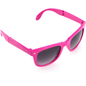 A pair of pink sunglasses featuring dark lenses and a branded logo on the side.