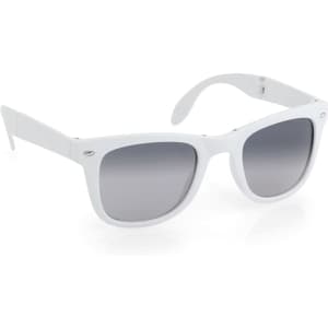 A pair of white sunglasses with grey tinted lenses, featuring a logo on the side.